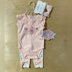 Little Beginnings Pink Baby Bodysuit, Headband, and Leggings Set 3-6M (PF)